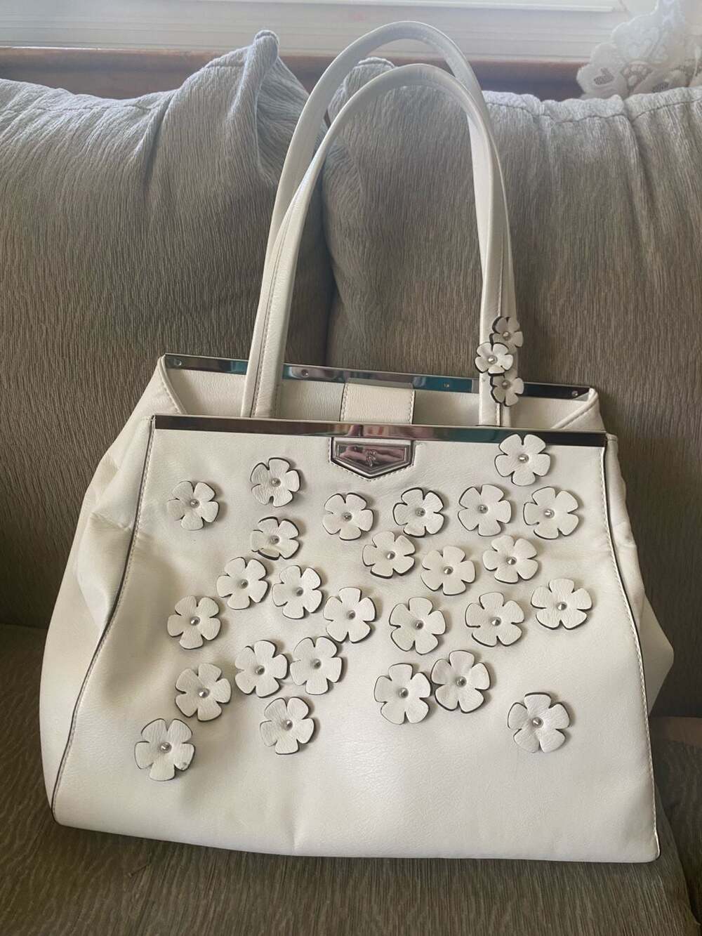 Simply Vera Vera Wang White Tote Bag with Flower Appliqués and Silver Hardware